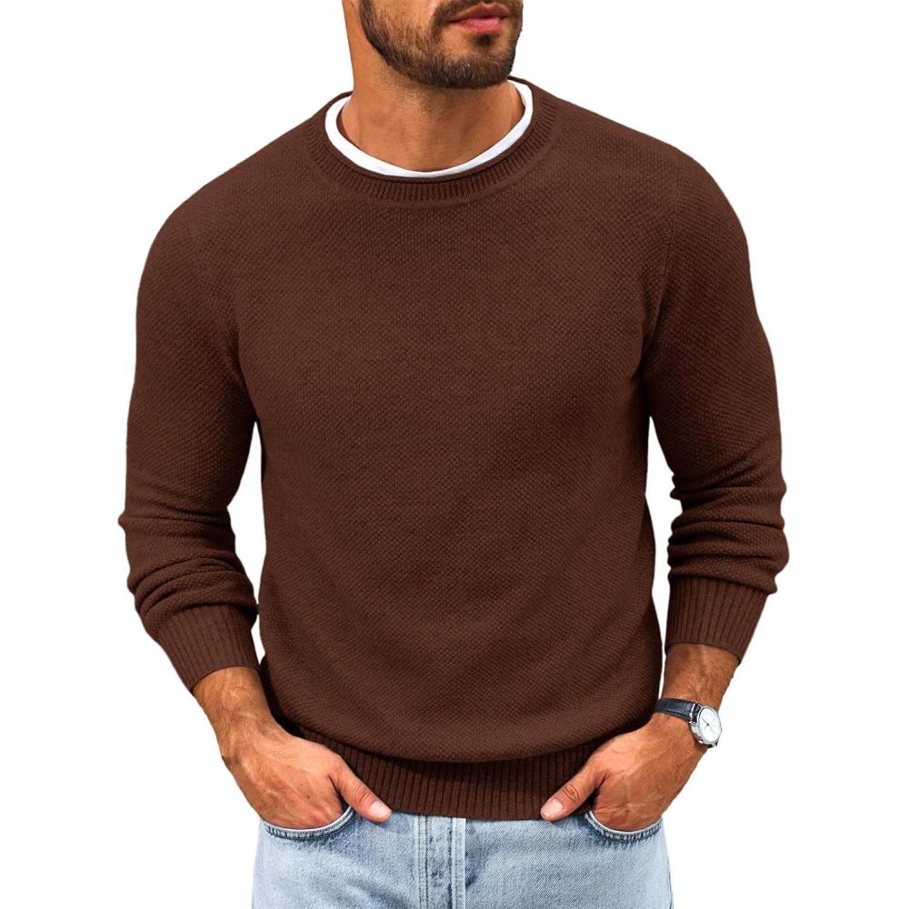 imageRuncati Mens Crewneck Sweater Casual Textured Knitted Thermal Pullover SweatersCoffee