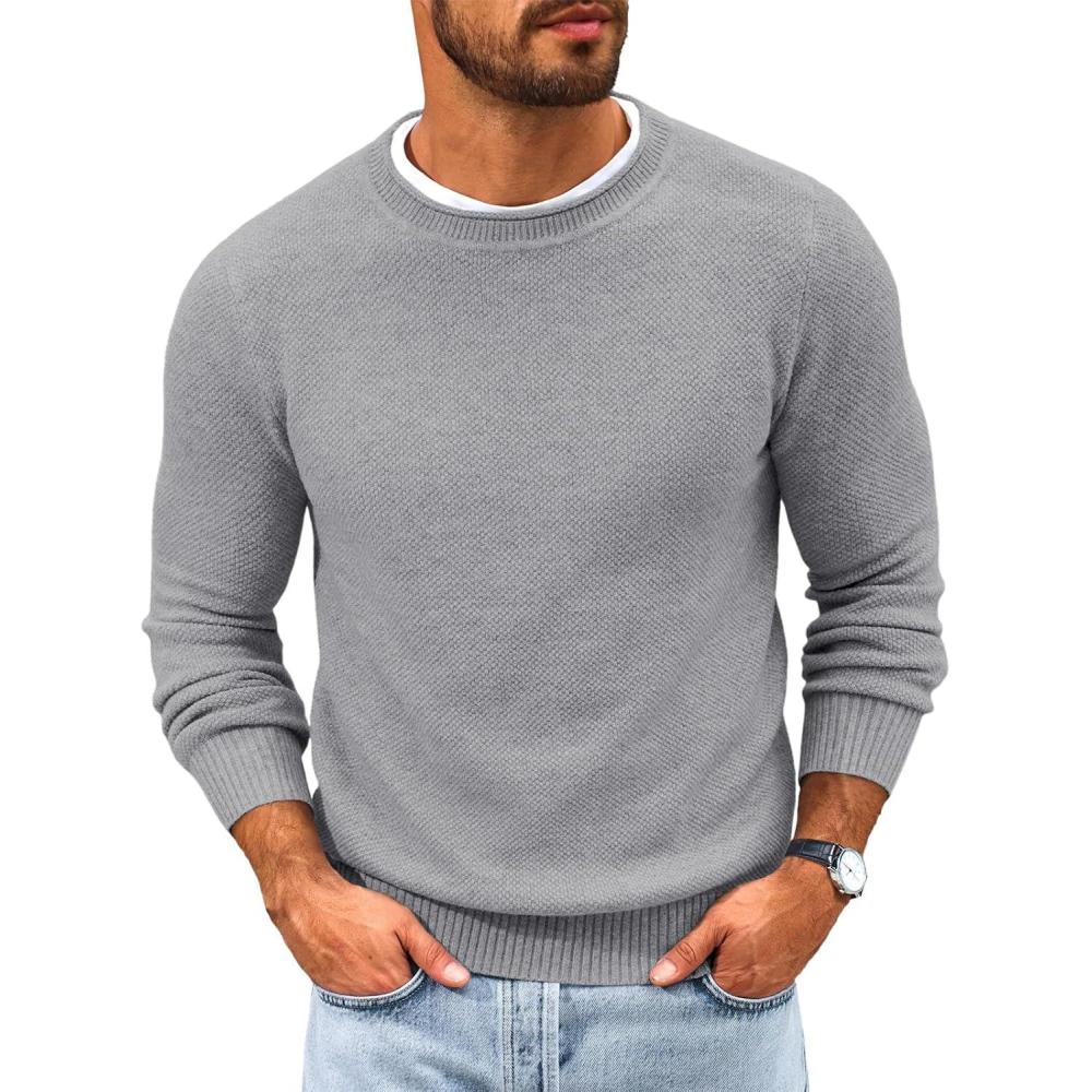 imageRuncati Mens Crewneck Sweater Casual Textured Knitted Thermal Pullover SweatersGray