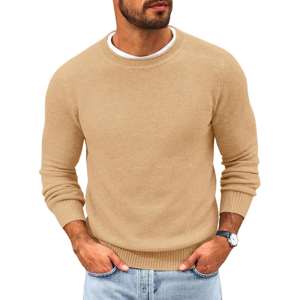 imageRuncati Mens Crewneck Sweater Casual Textured Knitted Thermal Pullover SweatersKhaki