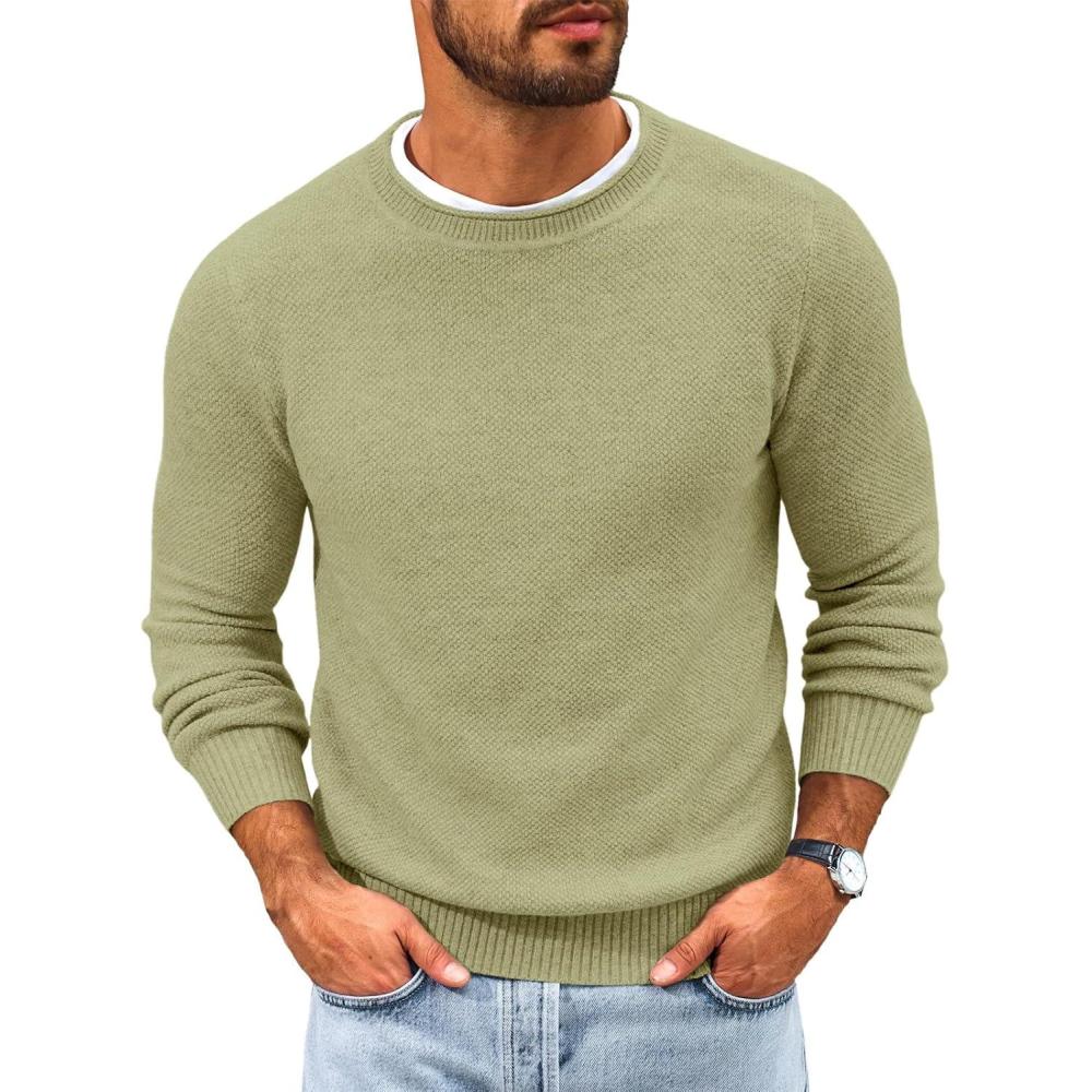 imageRuncati Mens Crewneck Sweater Casual Textured Knitted Thermal Pullover SweatersYellow Green