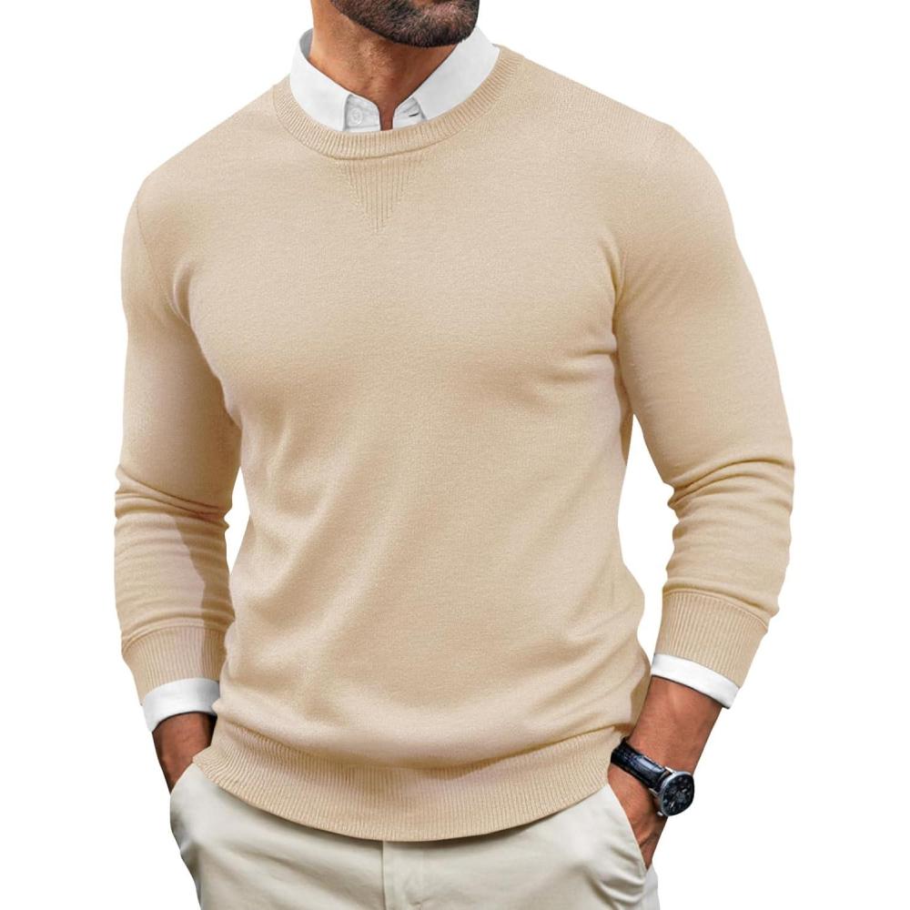 imageRuncati Mens Crewneck Sweaters Casual Knit Lightweight Dress Sweater Long Sleeve Slim Fit Fall Winter PulloverApricot