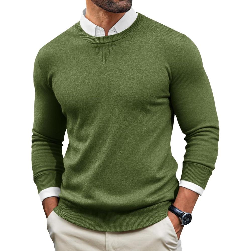imageRuncati Mens Crewneck Sweaters Casual Knit Lightweight Dress Sweater Long Sleeve Slim Fit Fall Winter PulloverArmy Green