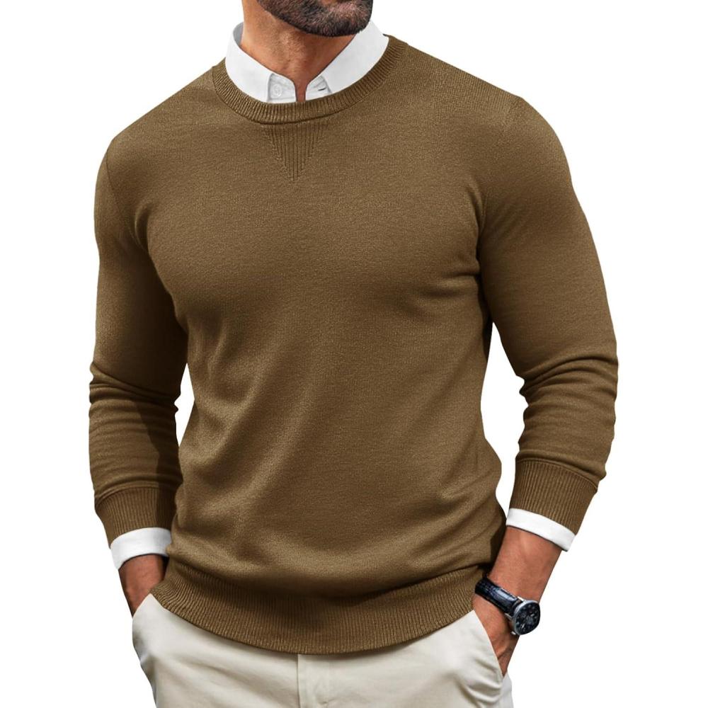 imageRuncati Mens Crewneck Sweaters Casual Knit Lightweight Dress Sweater Long Sleeve Slim Fit Fall Winter PulloverBrown
