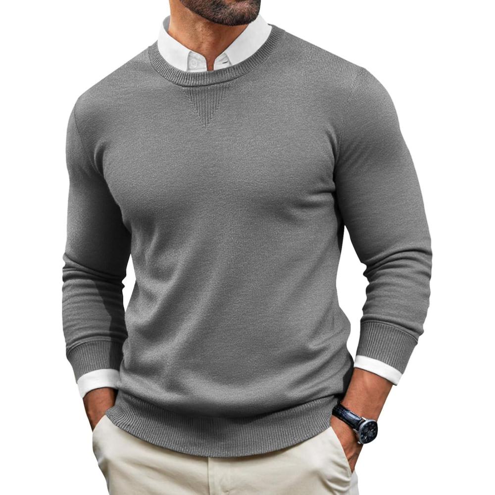 imageRuncati Mens Crewneck Sweaters Casual Knit Lightweight Dress Sweater Long Sleeve Slim Fit Fall Winter PulloverDark Grey