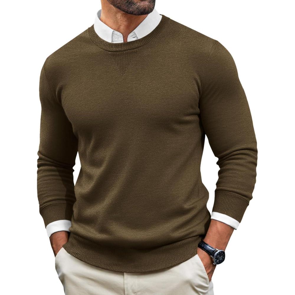 imageRuncati Mens Crewneck Sweaters Casual Knit Lightweight Dress Sweater Long Sleeve Slim Fit Fall Winter PulloverDeep Coffee