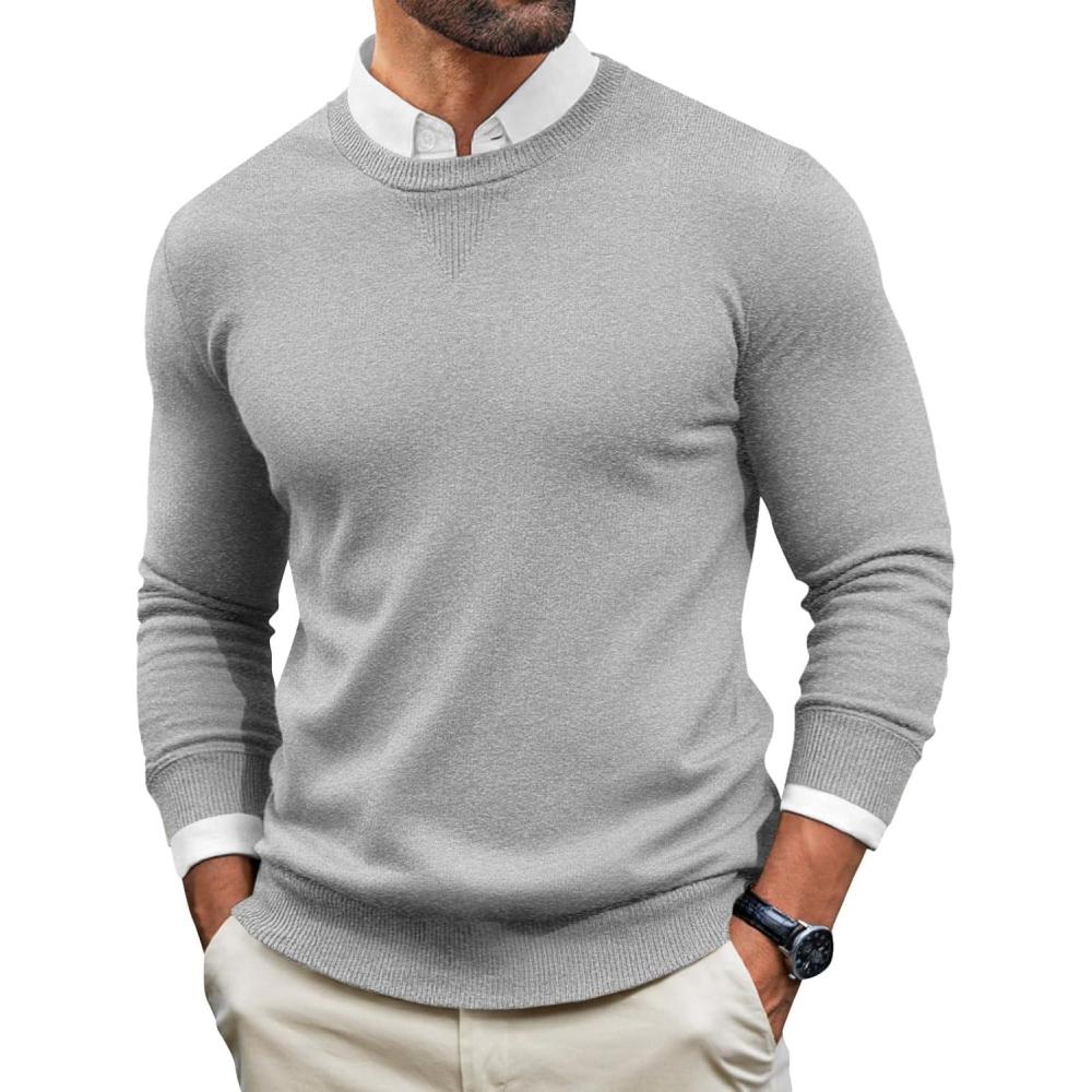 imageRuncati Mens Crewneck Sweaters Casual Knit Lightweight Dress Sweater Long Sleeve Slim Fit Fall Winter PulloverGrey