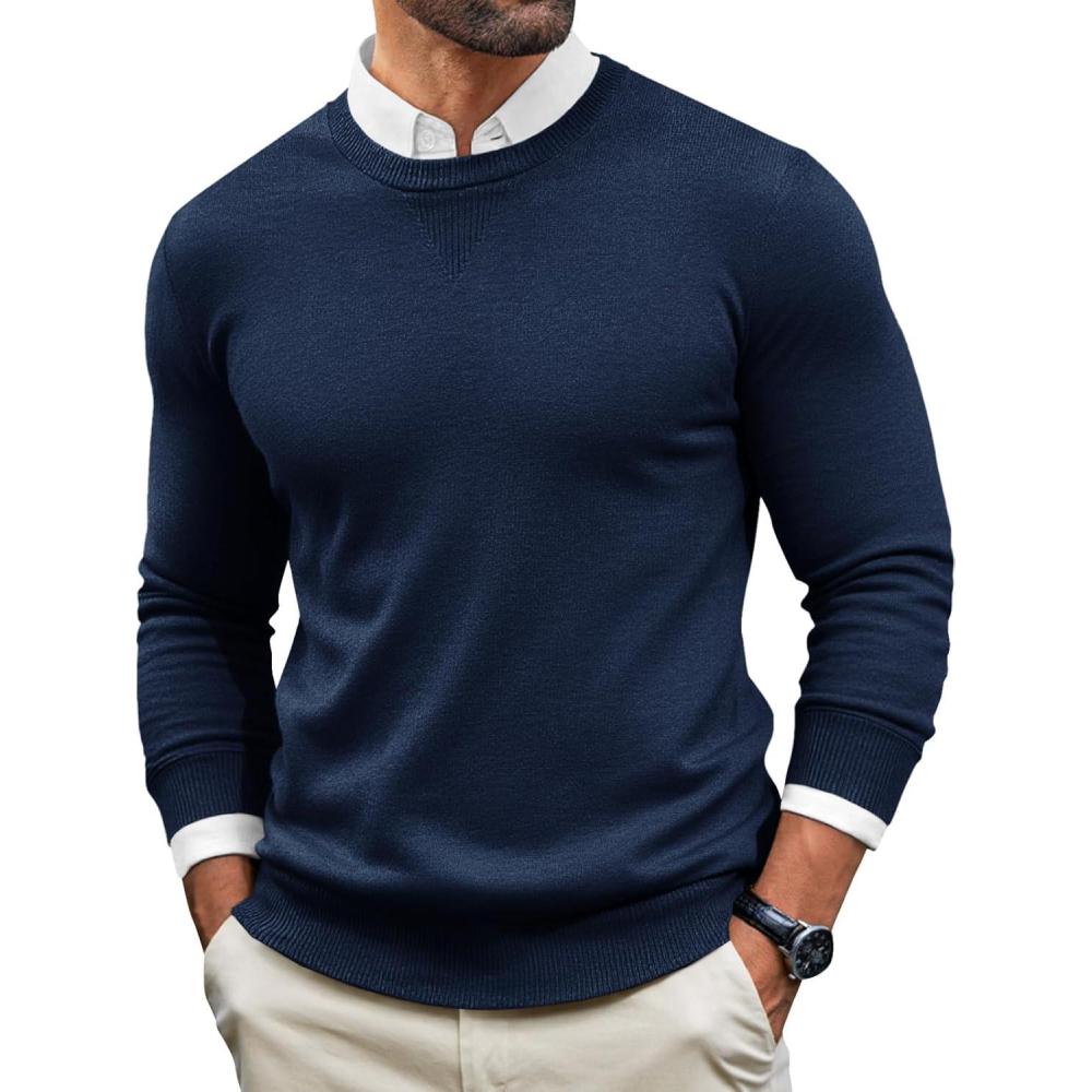 imageRuncati Mens Crewneck Sweaters Casual Knit Lightweight Dress Sweater Long Sleeve Slim Fit Fall Winter PulloverNavy