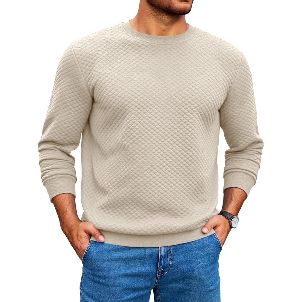 imageRuncati Mens Crewneck Sweatshirts Quilted Diamond Textured Pullover Long Sleeve Casual Fashion SweatshirtApricot