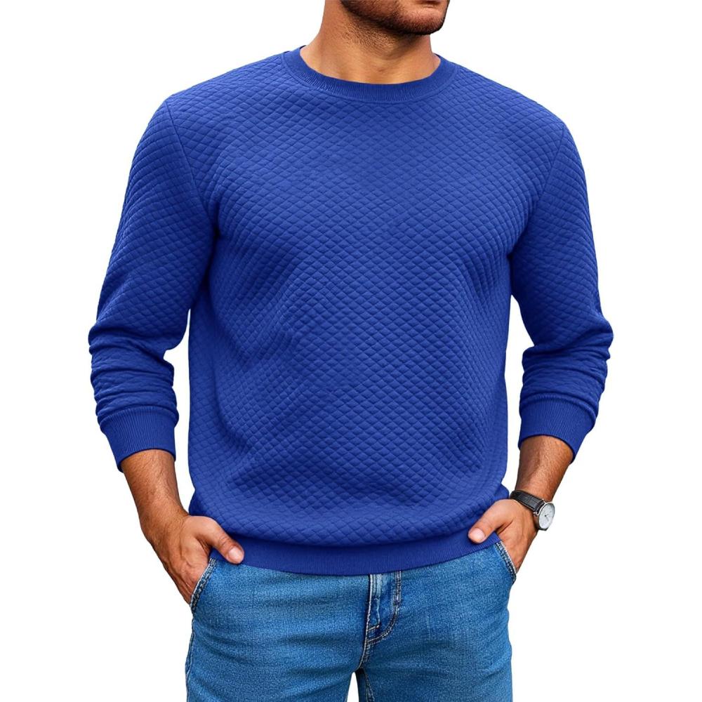 imageRuncati Mens Crewneck Sweatshirts Quilted Diamond Textured Pullover Long Sleeve Casual Fashion SweatshirtBlue