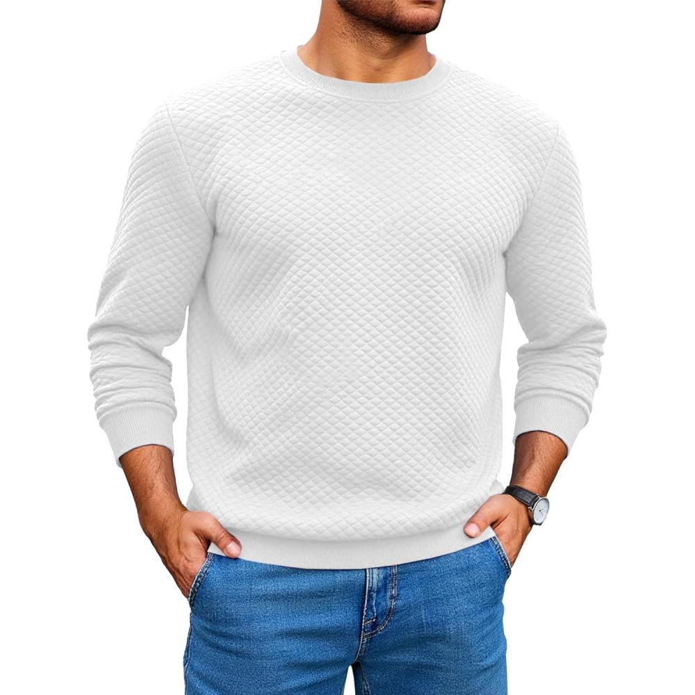 imageRuncati Mens Crewneck Sweatshirts Quilted Diamond Textured Pullover Long Sleeve Casual Fashion SweatshirtWhite