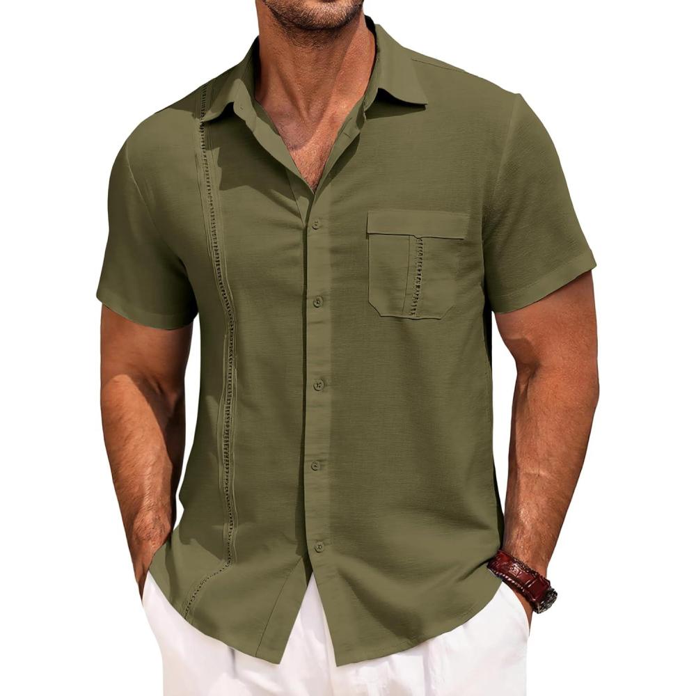 imageRuncati Mens Cuban Guayabera Shirts Button Down Short Sleeve Shirt Casual Mexican Summer Beach Wedding Tops with PocketArmy Green