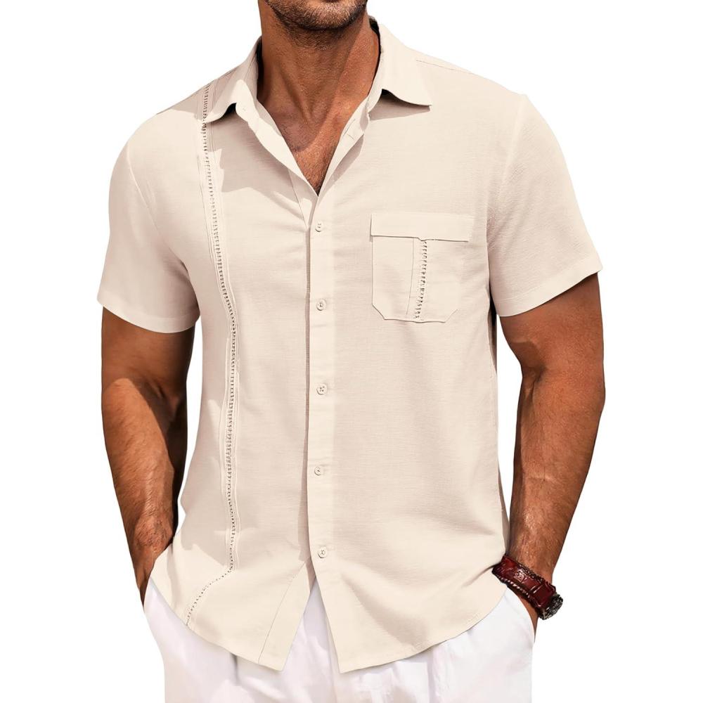 imageRuncati Mens Cuban Guayabera Shirts Button Down Short Sleeve Shirt Casual Mexican Summer Beach Wedding Tops with PocketBeige