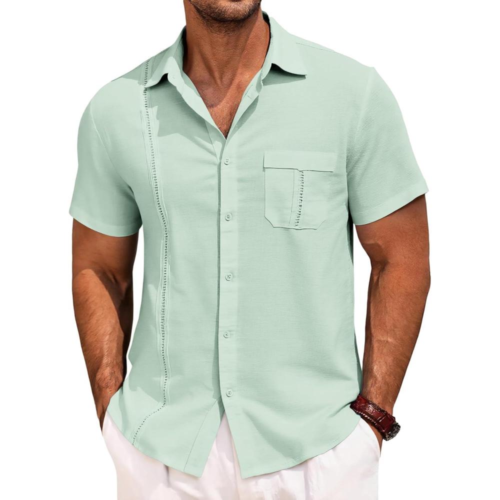 imageRuncati Mens Cuban Guayabera Shirts Button Down Short Sleeve Shirt Casual Mexican Summer Beach Wedding Tops with PocketMint