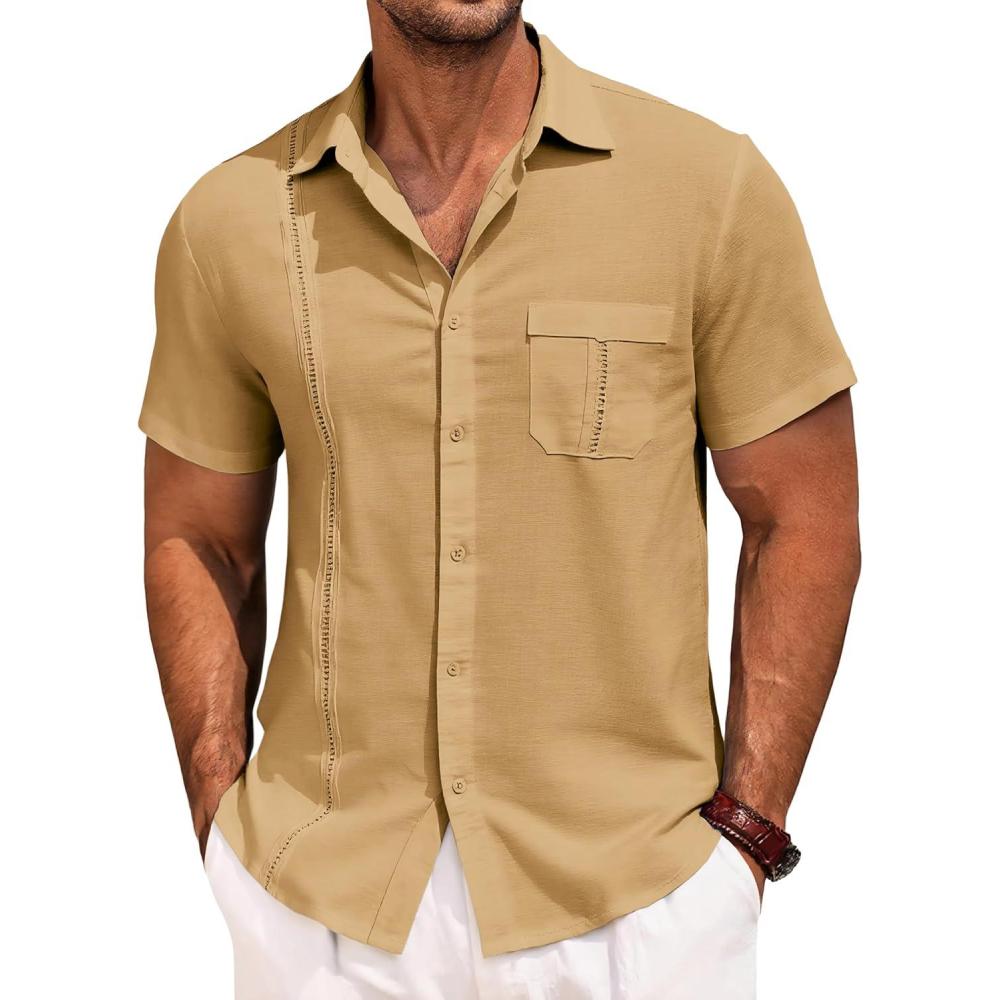 imageRuncati Mens Cuban Guayabera Shirts Button Down Short Sleeve Shirt Casual Mexican Summer Beach Wedding Tops with PocketMustard Yellow