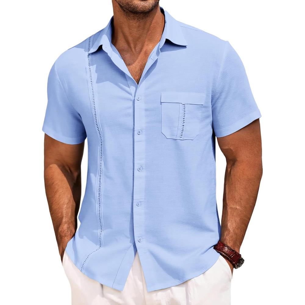imageRuncati Mens Cuban Guayabera Shirts Button Down Short Sleeve Shirt Casual Mexican Summer Beach Wedding Tops with PocketSky Blue