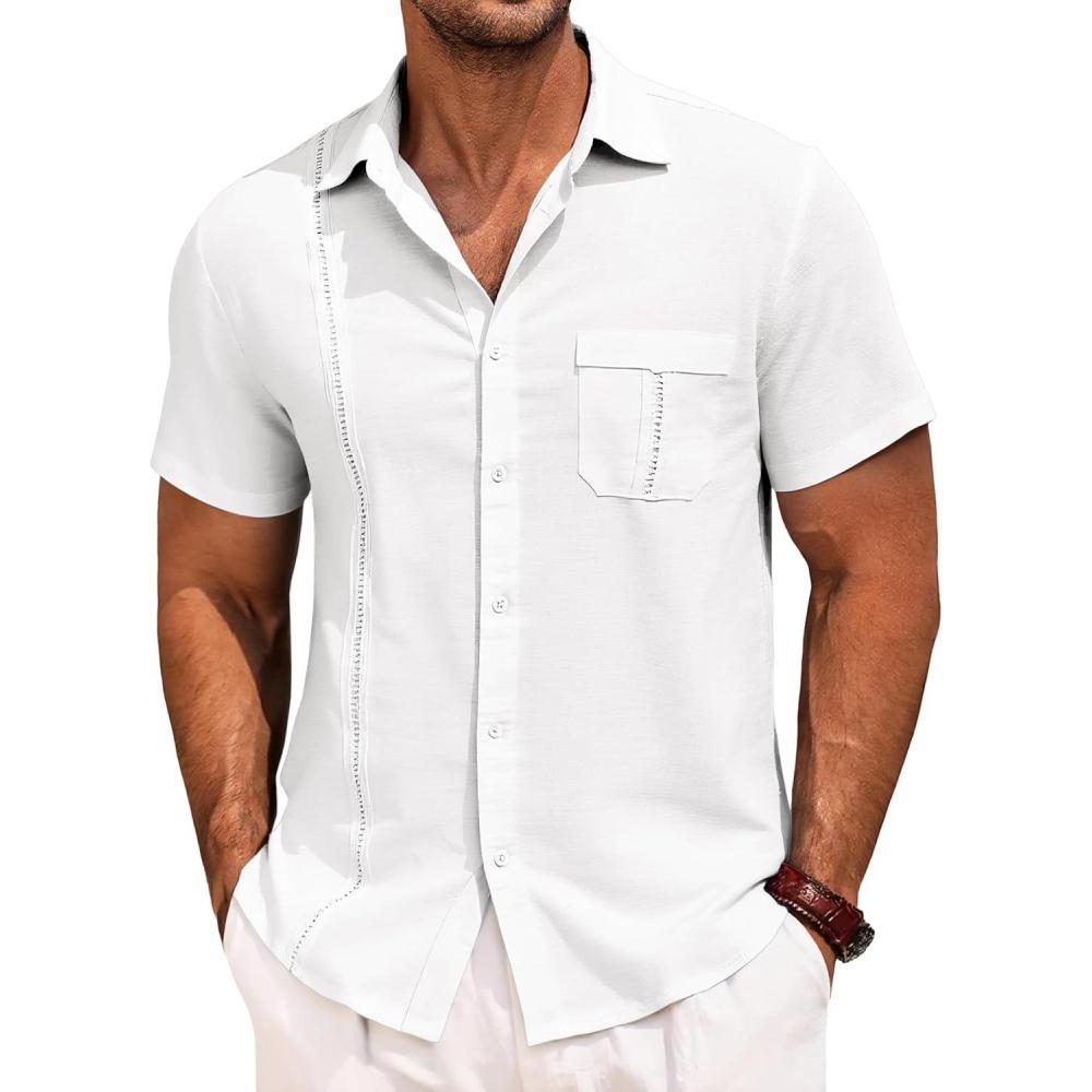 imageRuncati Mens Cuban Guayabera Shirts Button Down Short Sleeve Shirt Casual Mexican Summer Beach Wedding Tops with PocketWhite