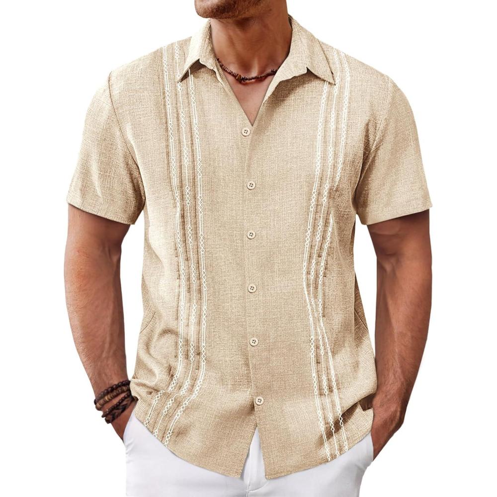 imageRuncati Mens Cuban Guayabera Shirts Short Sleeve Button Down Casual Summer Beach Wedding Embroidered Linen TopsBeige