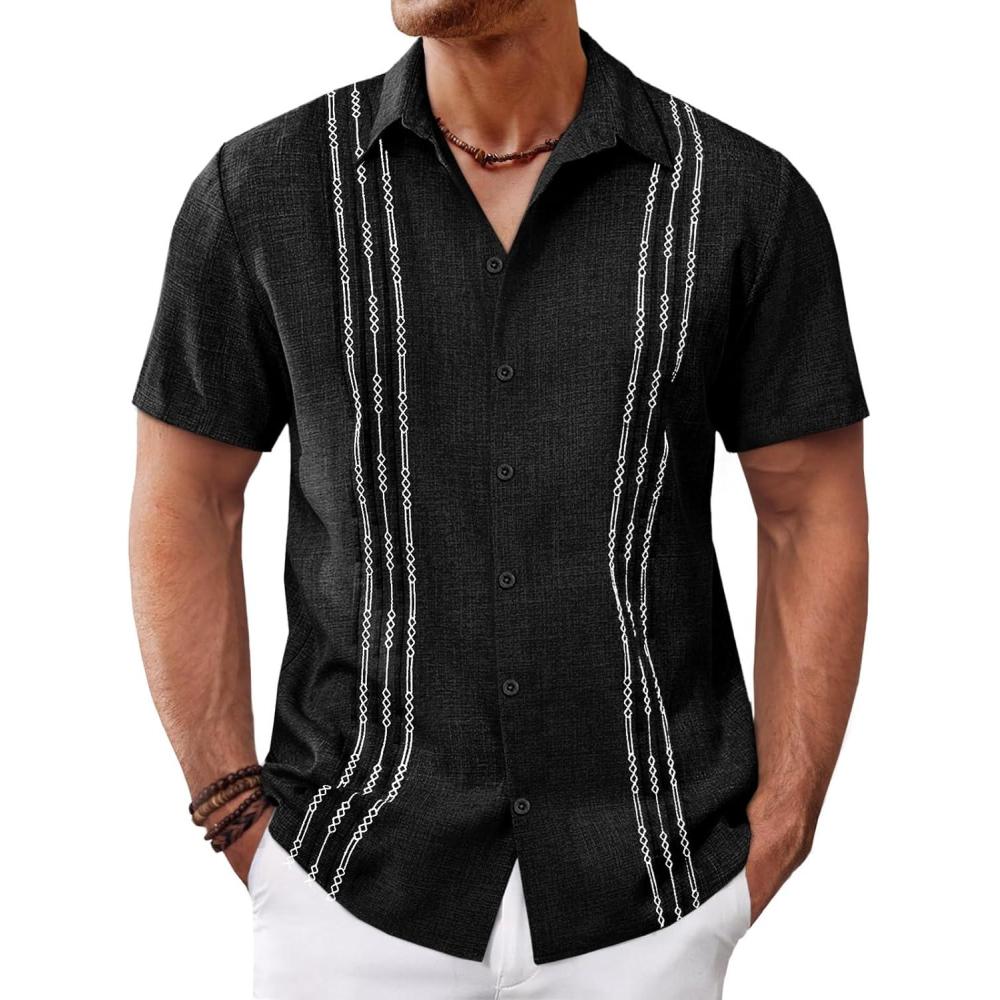 imageRuncati Mens Cuban Guayabera Shirts Short Sleeve Button Down Casual Summer Beach Wedding Embroidered Linen TopsBlack