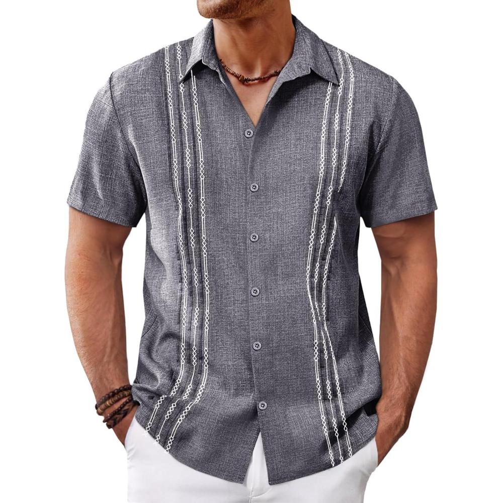 imageRuncati Mens Cuban Guayabera Shirts Short Sleeve Button Down Casual Summer Beach Wedding Embroidered Linen TopsDark Gray