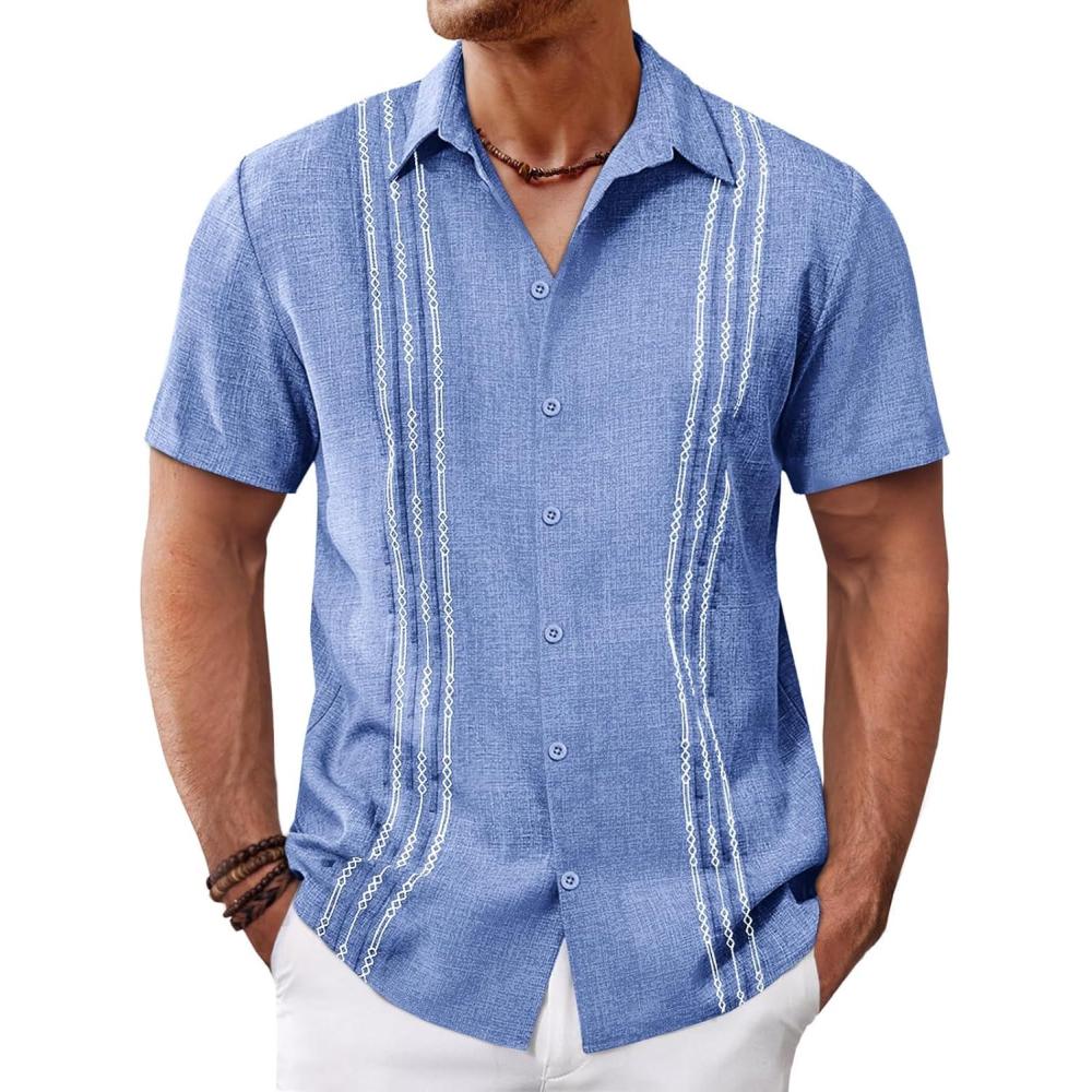 imageRuncati Mens Cuban Guayabera Shirts Short Sleeve Button Down Casual Summer Beach Wedding Embroidered Linen TopsLight Blue