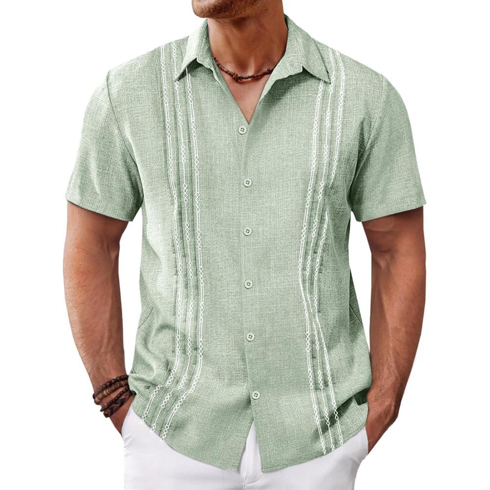 imageRuncati Mens Cuban Guayabera Shirts Short Sleeve Button Down Casual Summer Beach Wedding Embroidered Linen TopsOlive Green