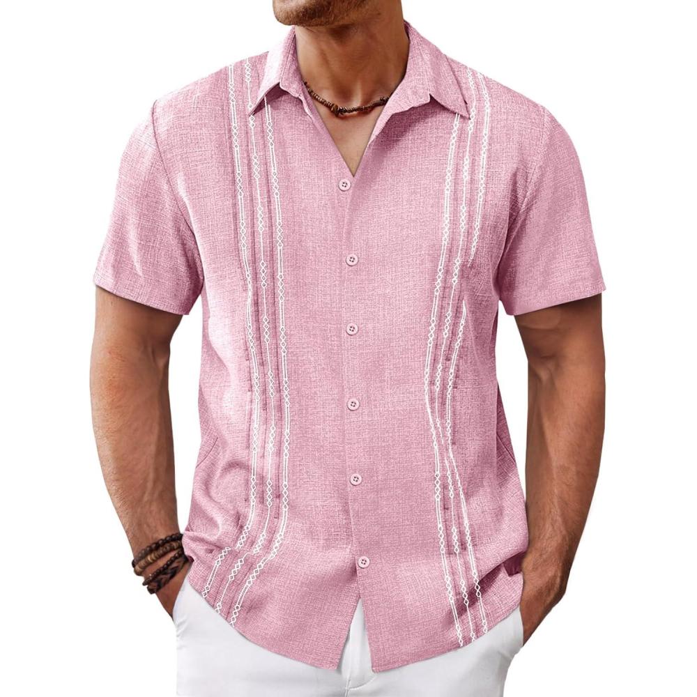 imageRuncati Mens Cuban Guayabera Shirts Short Sleeve Button Down Casual Summer Beach Wedding Embroidered Linen TopsPink