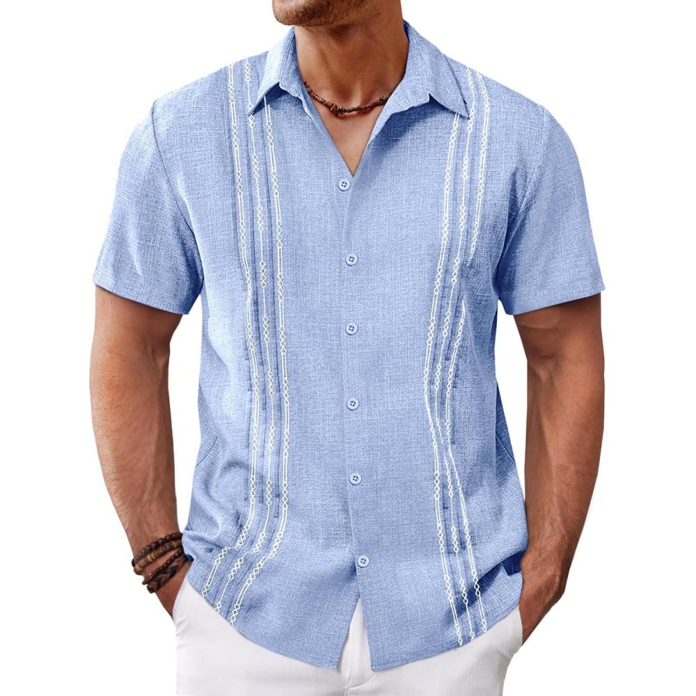 imageRuncati Mens Cuban Guayabera Shirts Short Sleeve Button Down Casual Summer Beach Wedding Embroidered Linen TopsSky Blue