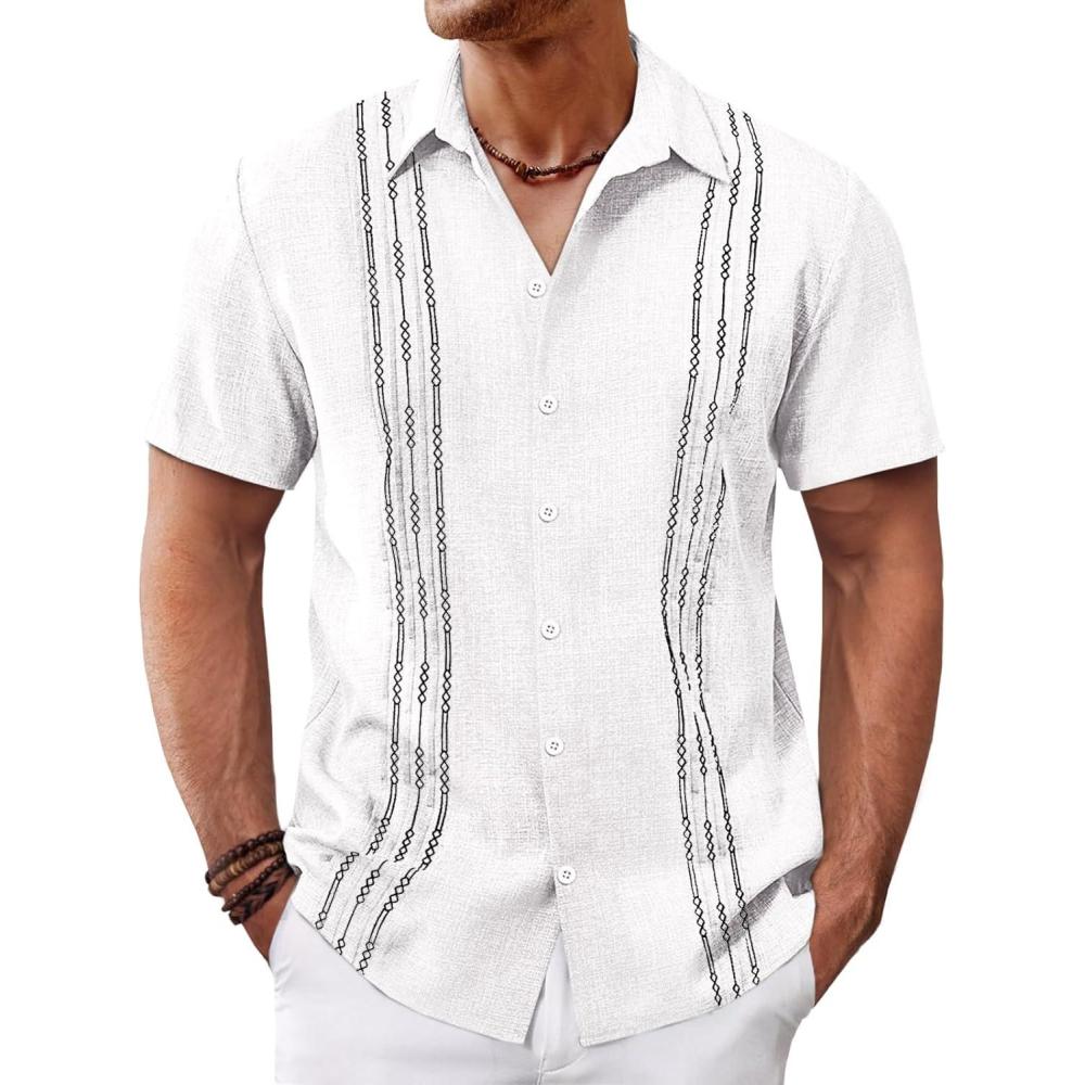 imageRuncati Mens Cuban Guayabera Shirts Short Sleeve Button Down Casual Summer Beach Wedding Embroidered Linen TopsWhite