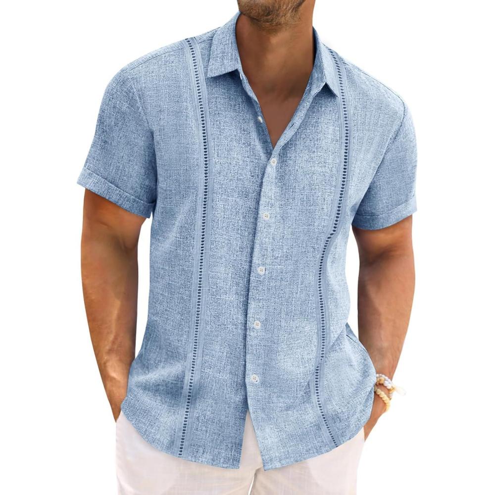 imageRuncati Mens Cuban Guayabera Shirts Short Sleeve Linen Casual Shirt Button Down Beach Summer Mexican ShirtsBlue