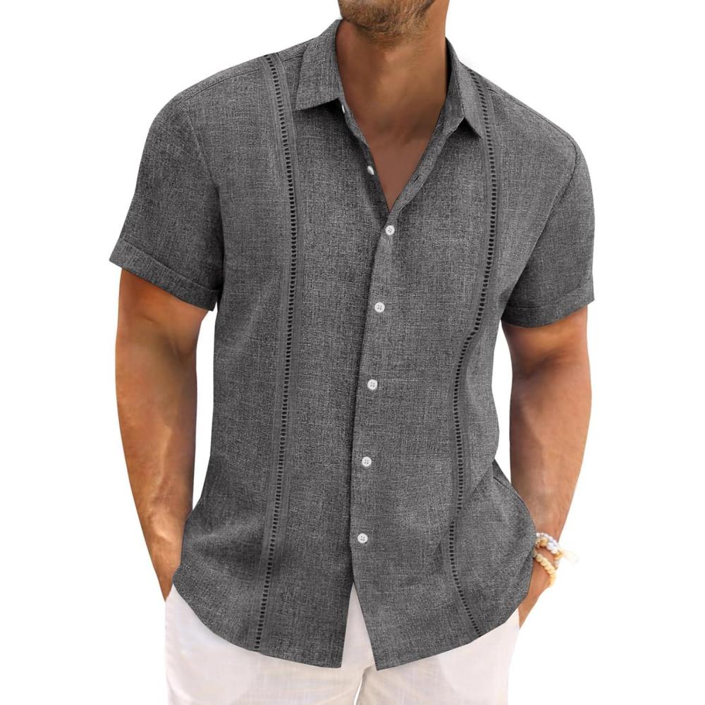 imageRuncati Mens Cuban Guayabera Shirts Short Sleeve Linen Casual Shirt Button Down Beach Summer Mexican ShirtsDark Grey