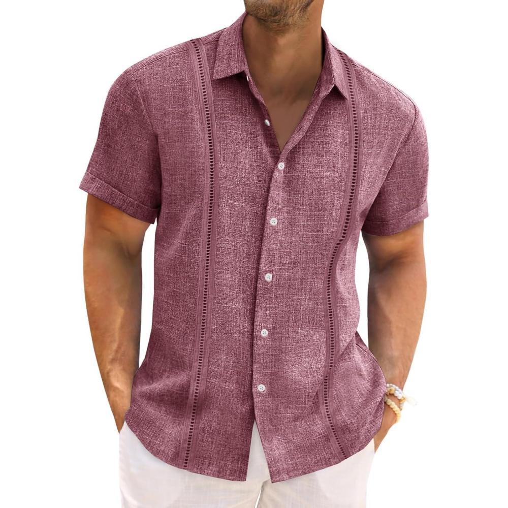 imageRuncati Mens Cuban Guayabera Shirts Short Sleeve Linen Casual Shirt Button Down Beach Summer Mexican ShirtsFuchsia