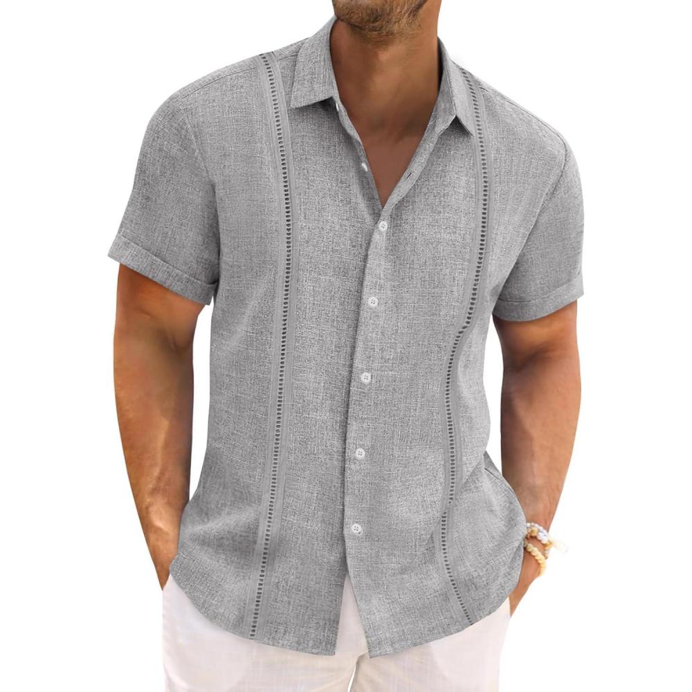 imageRuncati Mens Cuban Guayabera Shirts Short Sleeve Linen Casual Shirt Button Down Beach Summer Mexican ShirtsGrey