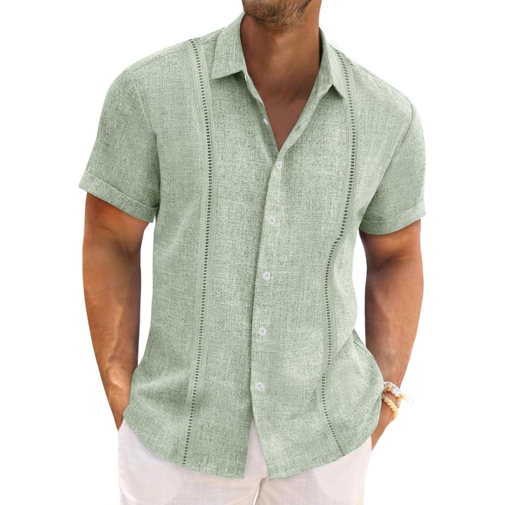 imageRuncati Mens Cuban Guayabera Shirts Short Sleeve Linen Casual Shirt Button Down Beach Summer Mexican ShirtsMint Color