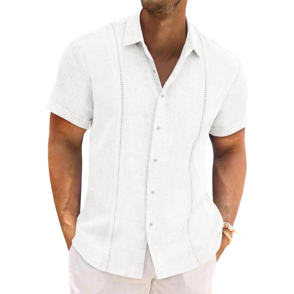 imageRuncati Mens Cuban Guayabera Shirts Short Sleeve Linen Casual Shirt Button Down Beach Summer Mexican ShirtsWhite