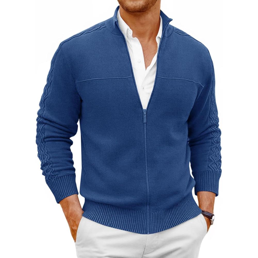 imageRuncati Mens Full Zip Cardigan Sweater Casual Mock Neck Cable Knitted Winter Chunky SweatersBlue