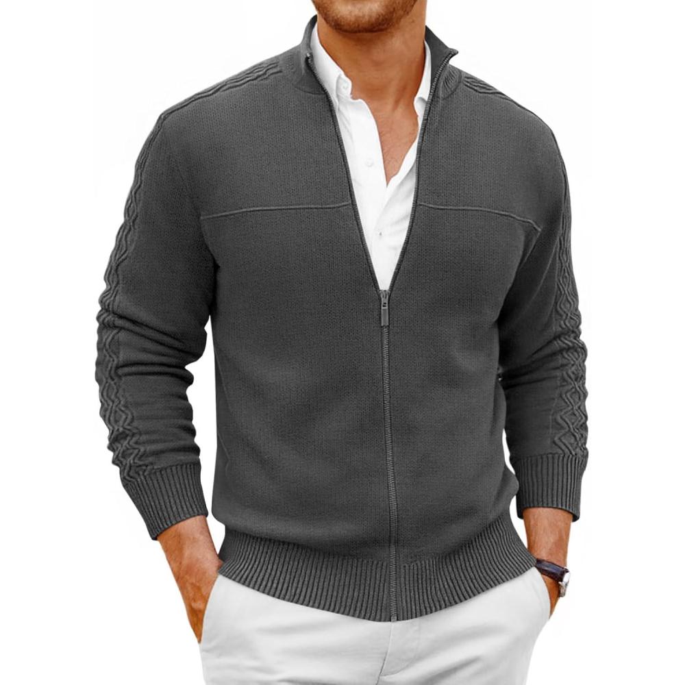 imageRuncati Mens Full Zip Cardigan Sweater Casual Mock Neck Cable Knitted Winter Chunky SweatersDark Gray