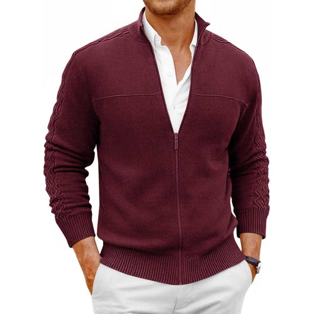imageRuncati Mens Full Zip Cardigan Sweater Casual Mock Neck Cable Knitted Winter Chunky SweatersWine Red