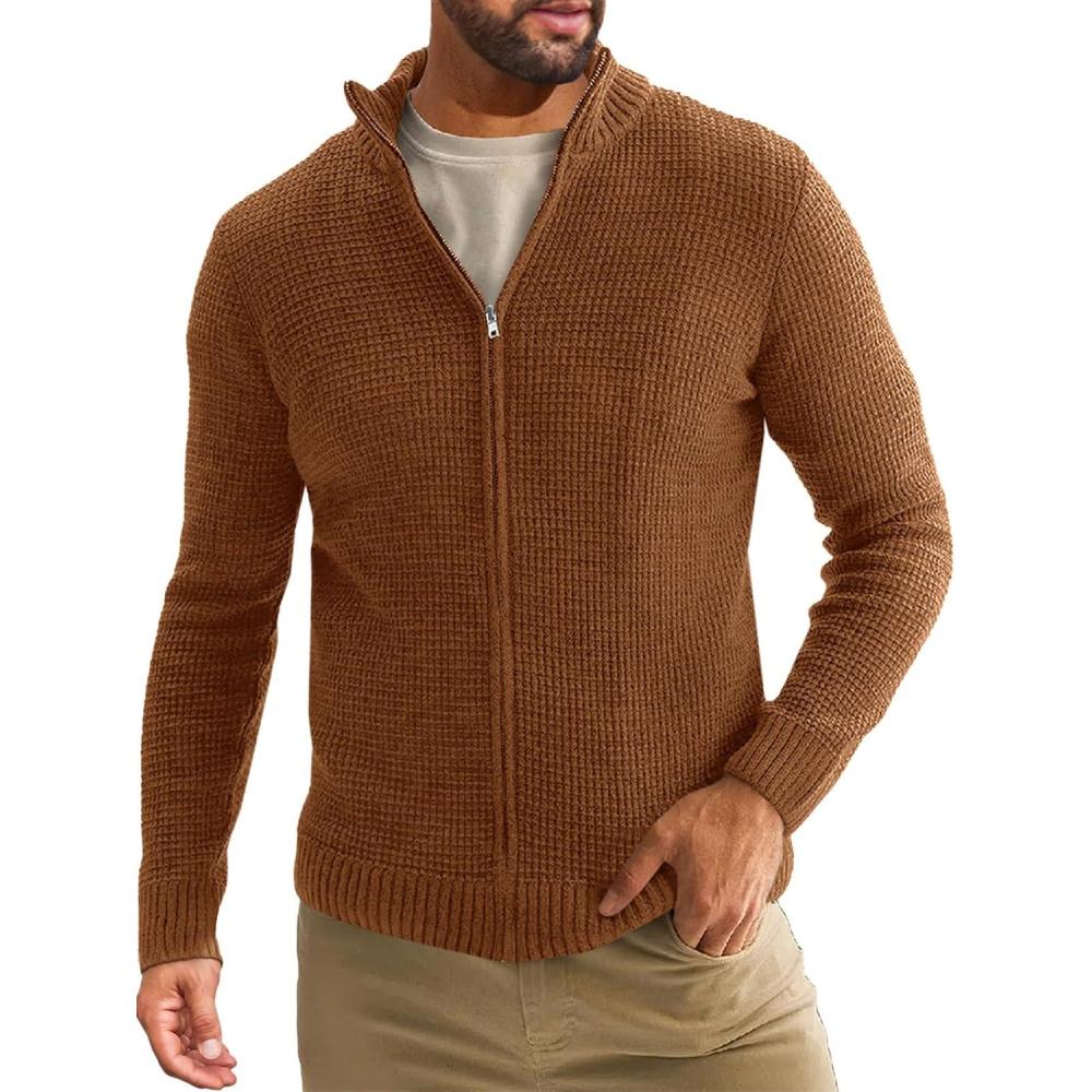 imageRuncati Mens Full Zip Cardigan Sweater Casual Waffle Stand Collar Knitted Winter Chunky SweatersBrown