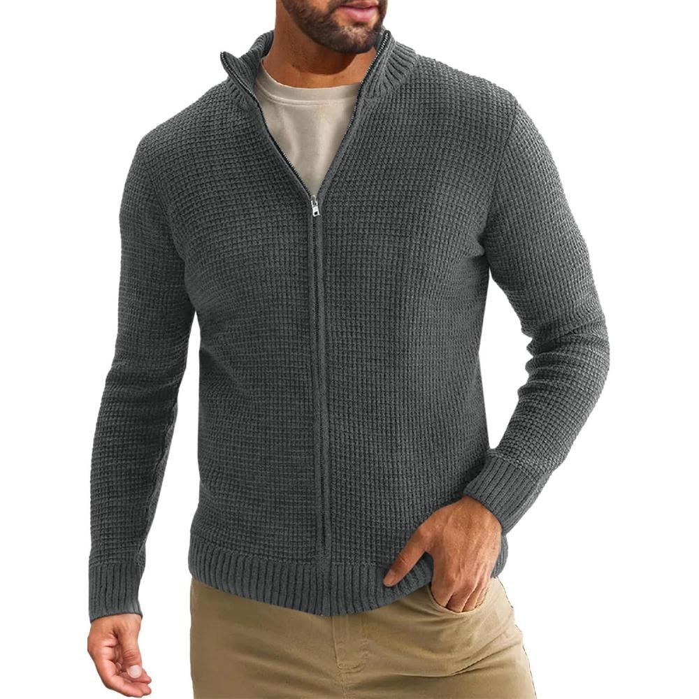 imageRuncati Mens Full Zip Cardigan Sweater Casual Waffle Stand Collar Knitted Winter Chunky SweatersDark Gray