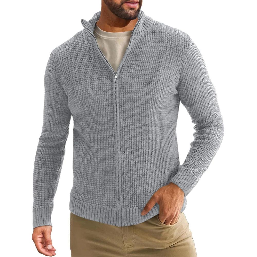 imageRuncati Mens Full Zip Cardigan Sweater Casual Waffle Stand Collar Knitted Winter Chunky SweatersLight Gray