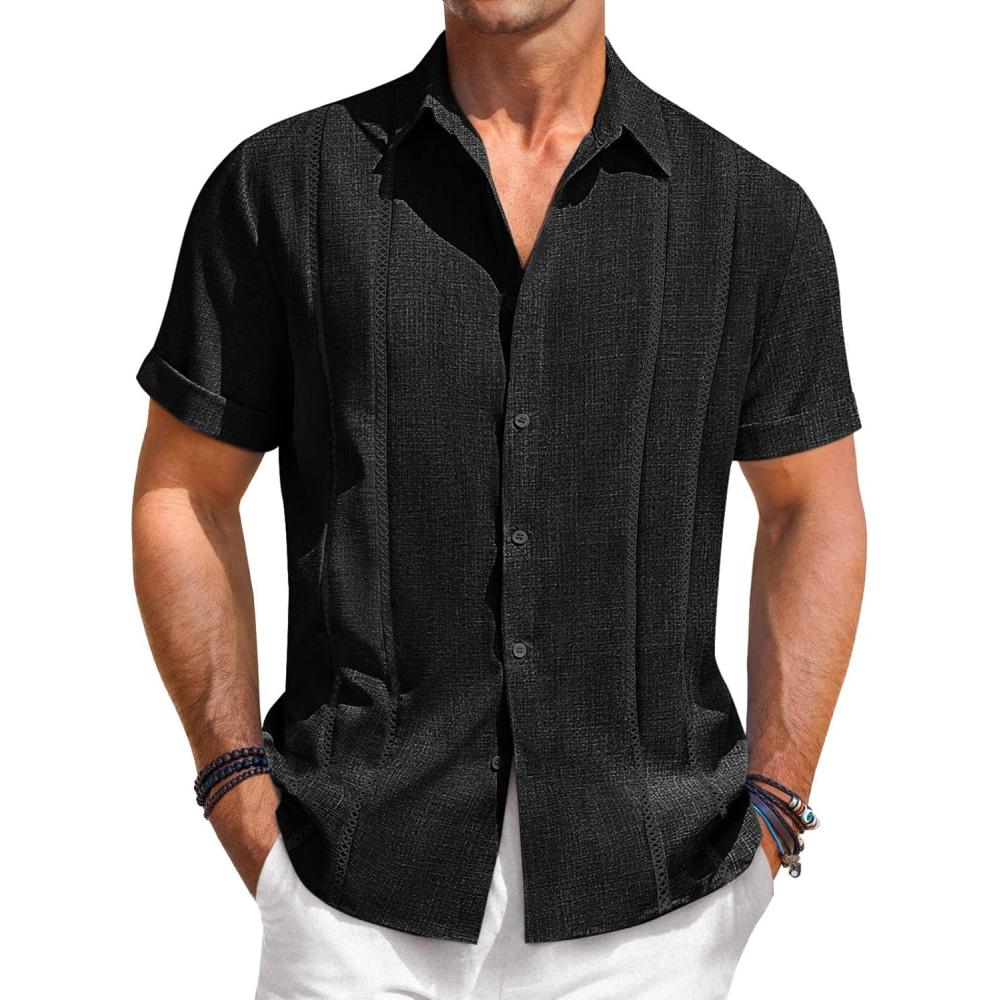 imageRuncati Mens Guayabera Shirts Short Sleeve Casual Cuban Linen Shirt Button Down Beach Summer Mexican ShirtsBlack