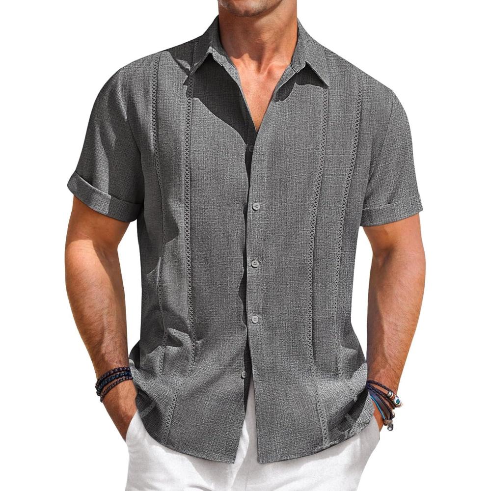 imageRuncati Mens Guayabera Shirts Short Sleeve Casual Cuban Linen Shirt Button Down Beach Summer Mexican ShirtsDark Grey