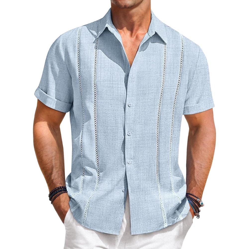 imageRuncati Mens Guayabera Shirts Short Sleeve Casual Cuban Linen Shirt Button Down Beach Summer Mexican ShirtsLight Blue