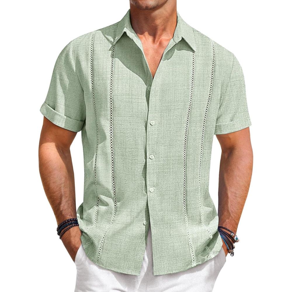 imageRuncati Mens Guayabera Shirts Short Sleeve Casual Cuban Linen Shirt Button Down Beach Summer Mexican ShirtsOlive Green