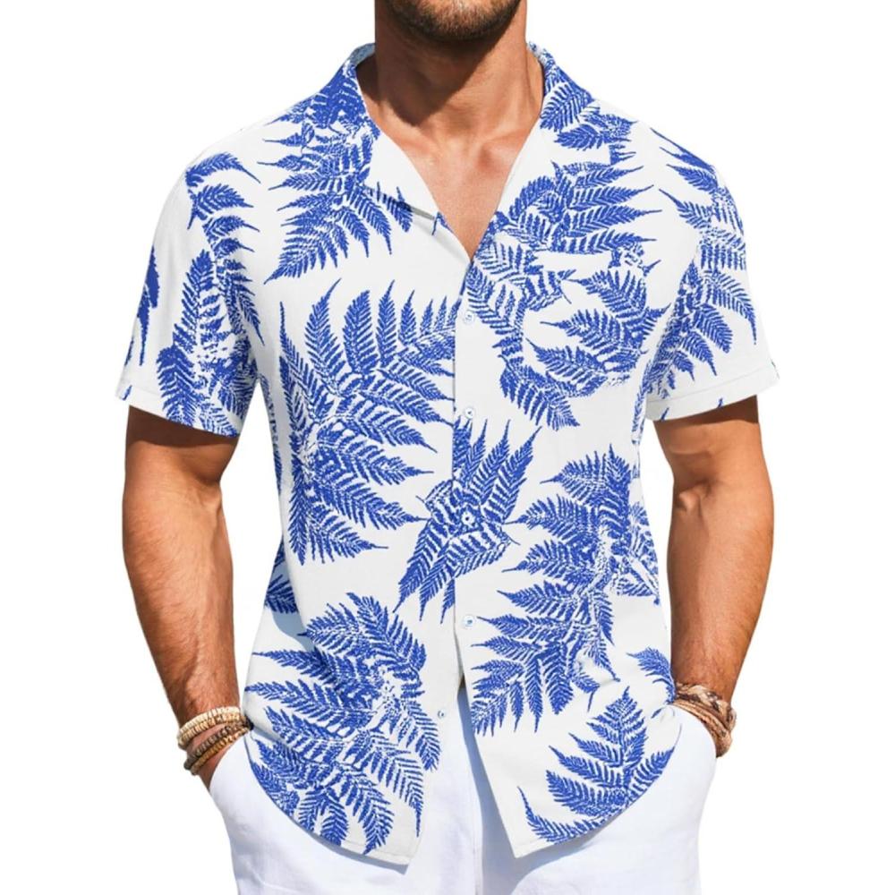imageRuncati Mens Hawaiian Shirt Button Down Short Sleeve Tropical Floral Summer Beach TopsWhite