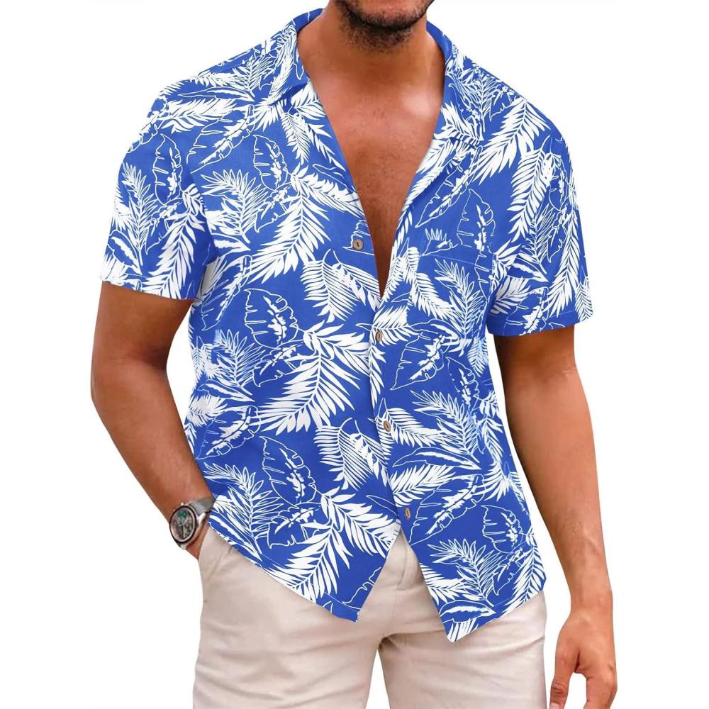 imageRuncati Mens Hawaiian Shirts Button Down Short Sleeve Cuban Collar Shirt Floral Tropical Summer Beach TopsRoyal Blue