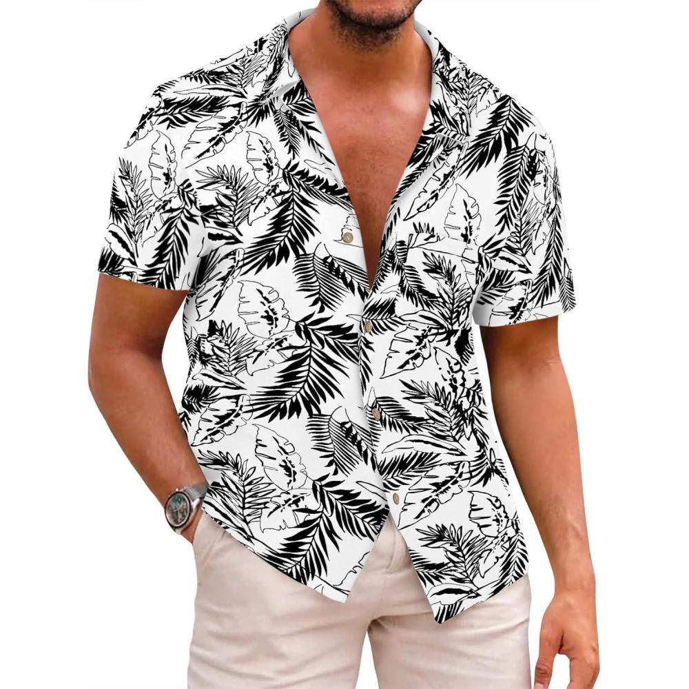 imageRuncati Mens Hawaiian Shirts Button Down Short Sleeve Cuban Collar Shirt Floral Tropical Summer Beach TopsWhite