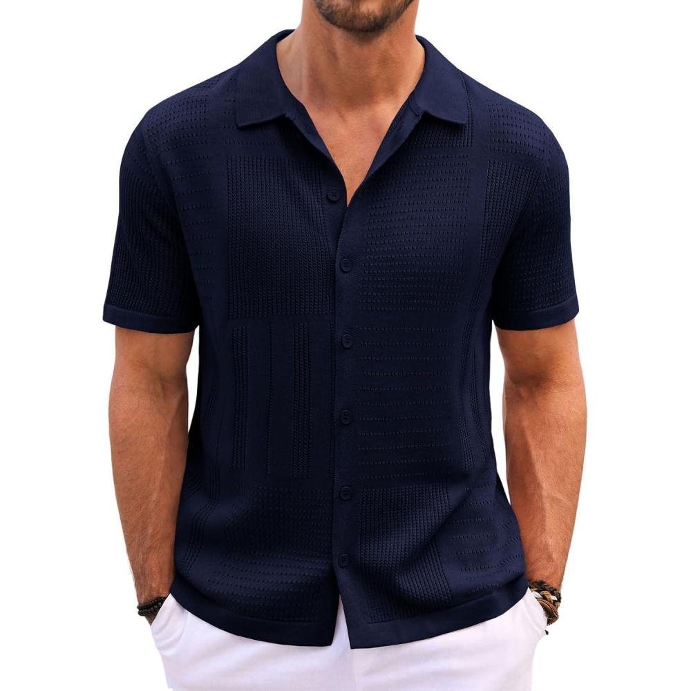 imageRuncati Mens Knit Button Down Shirt Casual Short Sleeve Cotton Polo Shirt Hollow Out Summer Beach TopsNavy