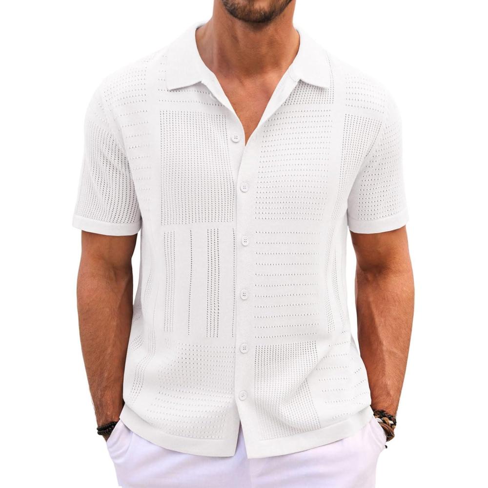 imageRuncati Mens Knit Button Down Shirt Casual Short Sleeve Cotton Polo Shirt Hollow Out Summer Beach TopsWhite