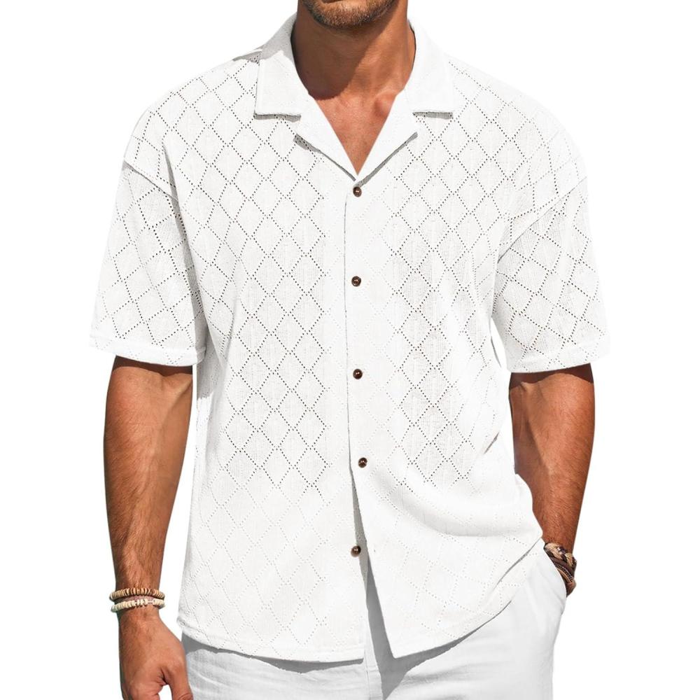 imageRuncati Mens Knit Button Down Shirts Casual Cuban Collar Short Sleeve Shirt Summer Beach Hollow Out TopsWhite